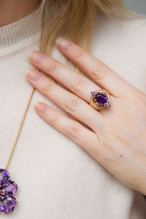 Cordelia 1970s Amethyst Cluster Cocktail Ring 9ct Gold Rings Imperial Jewellery 