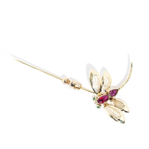 Danica 1960s Ruby & Emerald Dragonfly Coat Pin 14ct Gold