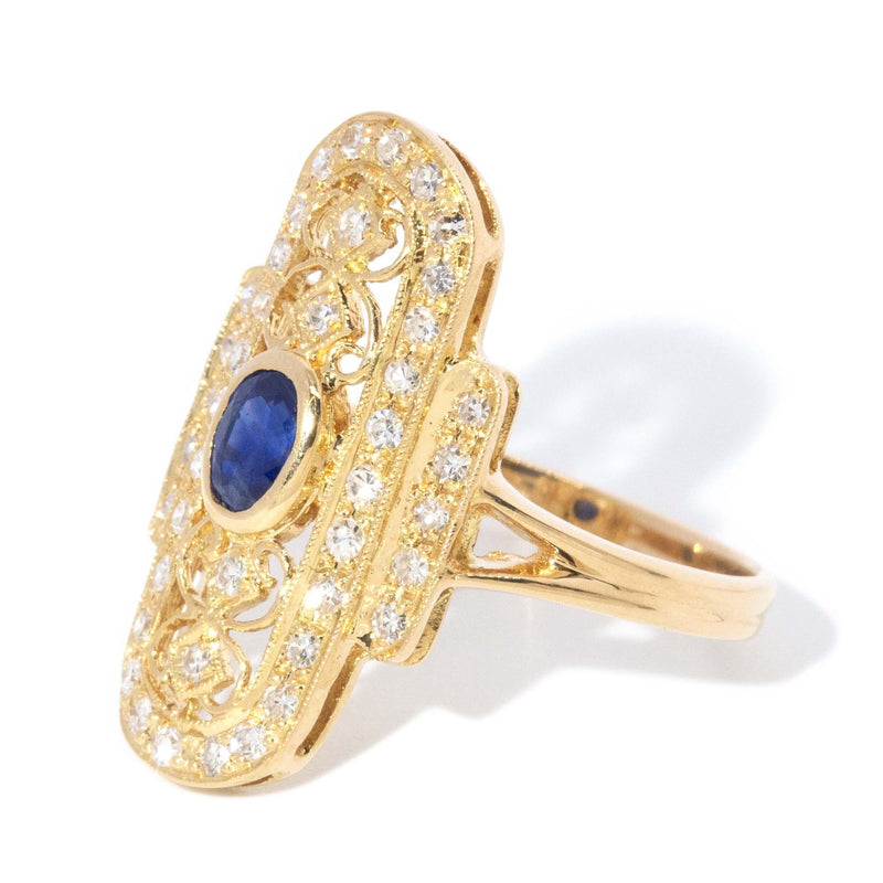 Contemporary Sapphire & Diamond Art Deco Inspired Ring 18ct Gold