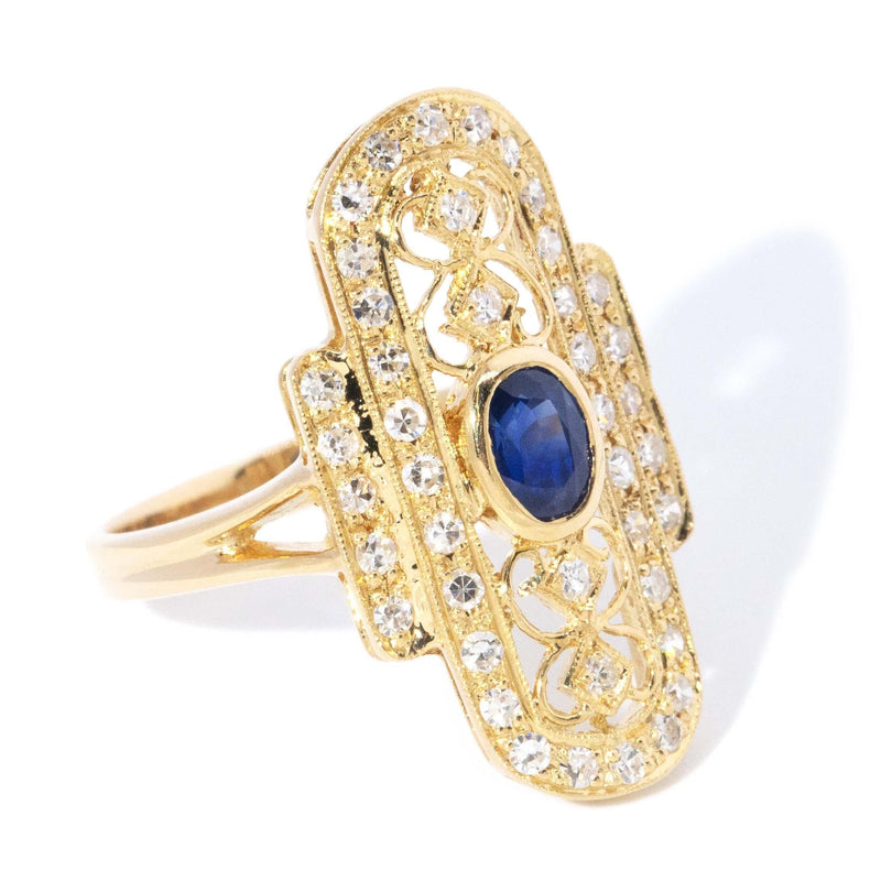 Contemporary Sapphire & Diamond Art Deco Inspired Ring 18ct Gold