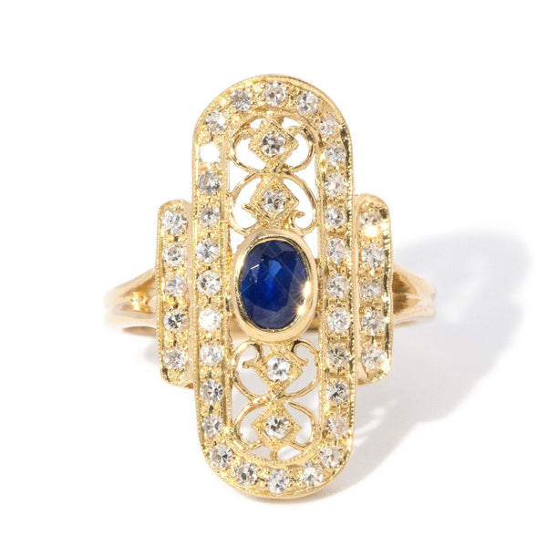 Contemporary Sapphire & Diamond Art Deco Inspired Ring 18ct Gold