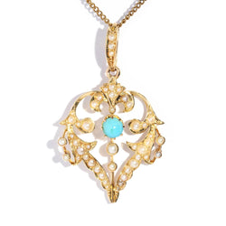 Elwyn Antique Turquoise & Pearl 15ct Gold Pendant & 9ct Gold Chain