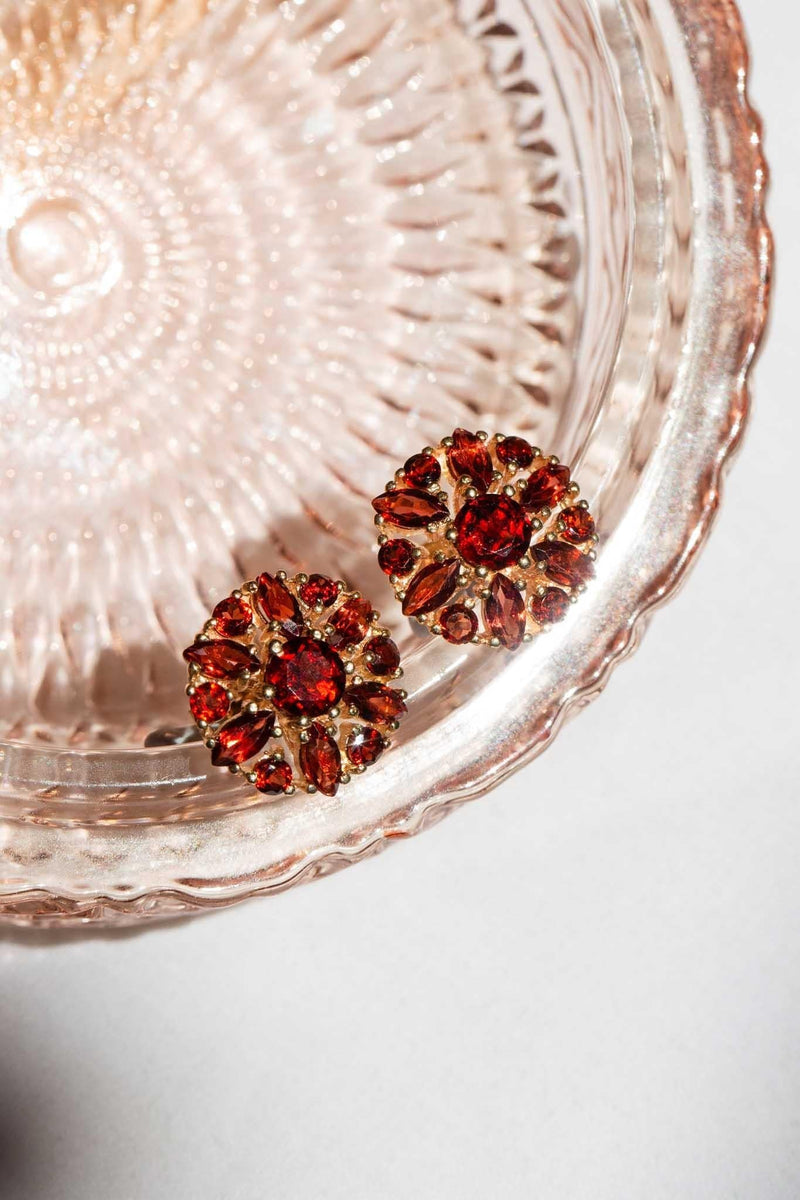 Emil 1980s Garnet Cluster Stud Earrings 9ct Gold