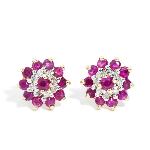 Ingrid 1980s Ruby & Diamond Cluster Studs 9ct Gold