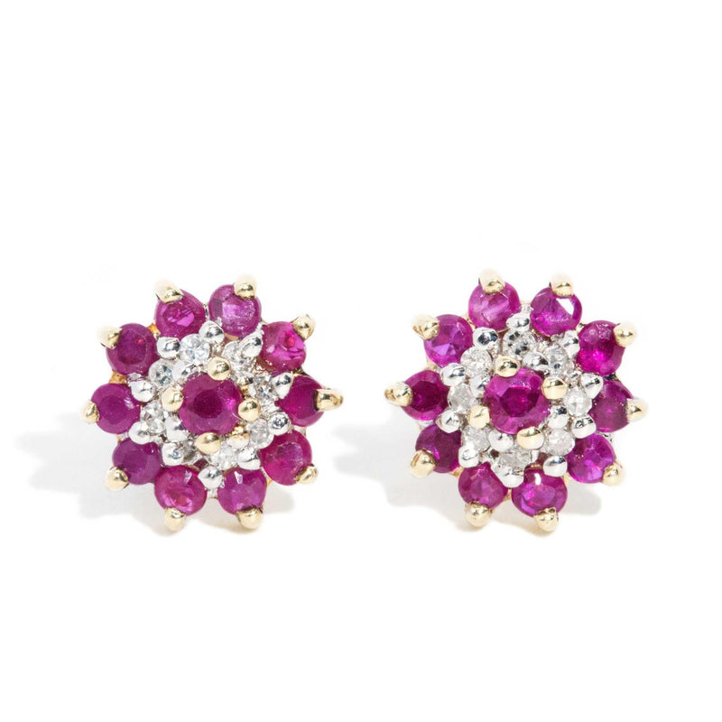 Ingrid 1980s Ruby & Diamond Cluster Studs 9ct Gold