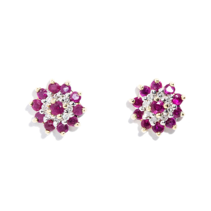 Ingrid 1980s Ruby & Diamond Cluster Studs 9ct Gold