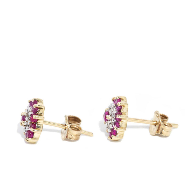 Ingrid 1980s Ruby & Diamond Cluster Studs 9ct Gold