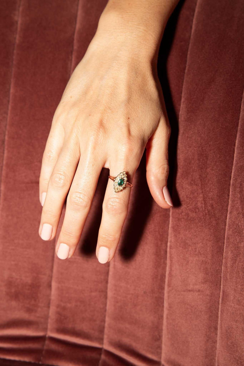 Jezabel 1930s Emerald & Seed Pearl Ring 15ct Gold