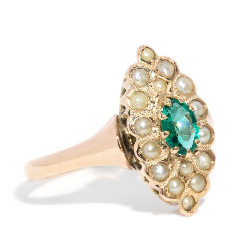 Jezabel 1930s Emerald & Seed Pearl Ring 15ct Gold