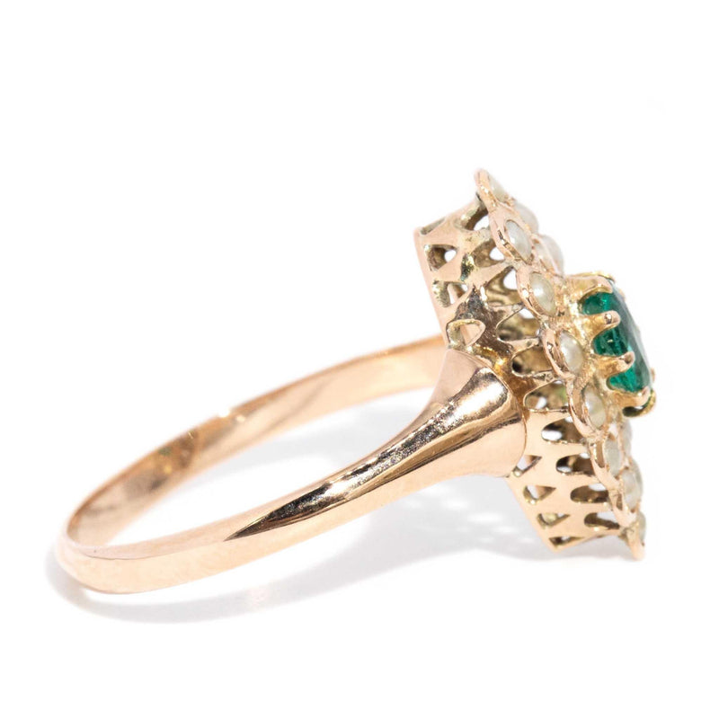 Jezabel 1930s Emerald & Seed Pearl Ring 15ct Gold