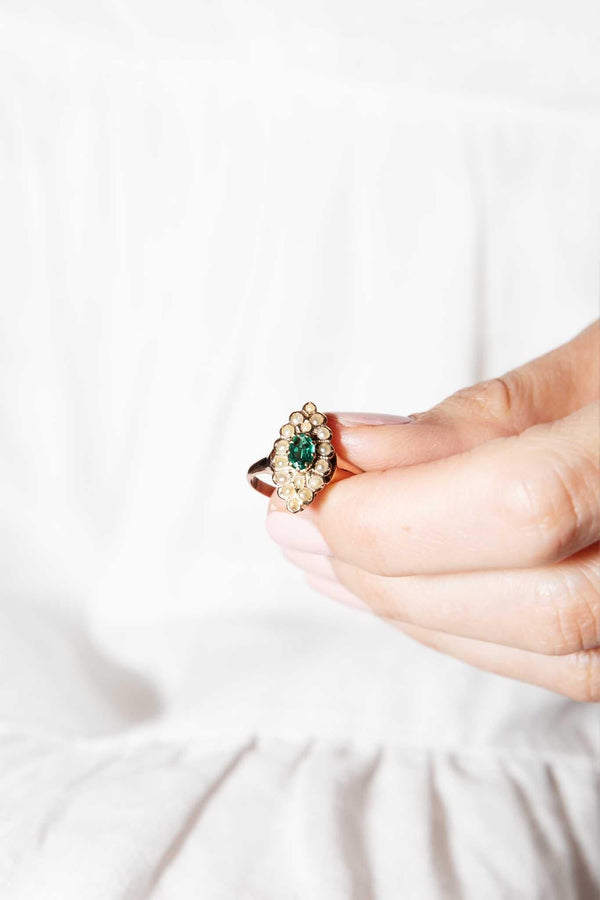 Jezabel 1930s Emerald & Seed Pearl Ring 15ct Gold