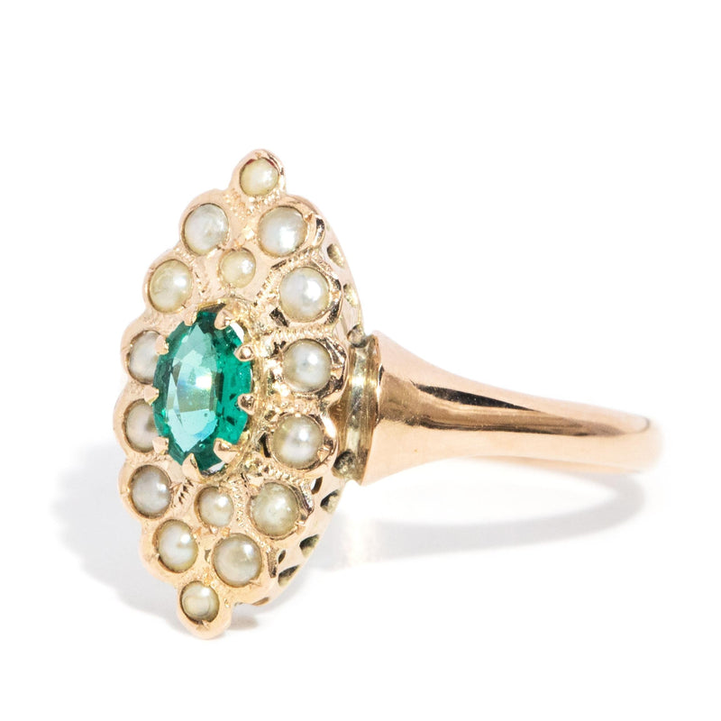 Jezabel 1930s Emerald & Seed Pearl Ring 15ct Gold