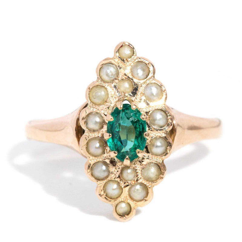 Jezabel 1930s Emerald & Seed Pearl Ring 15ct Gold