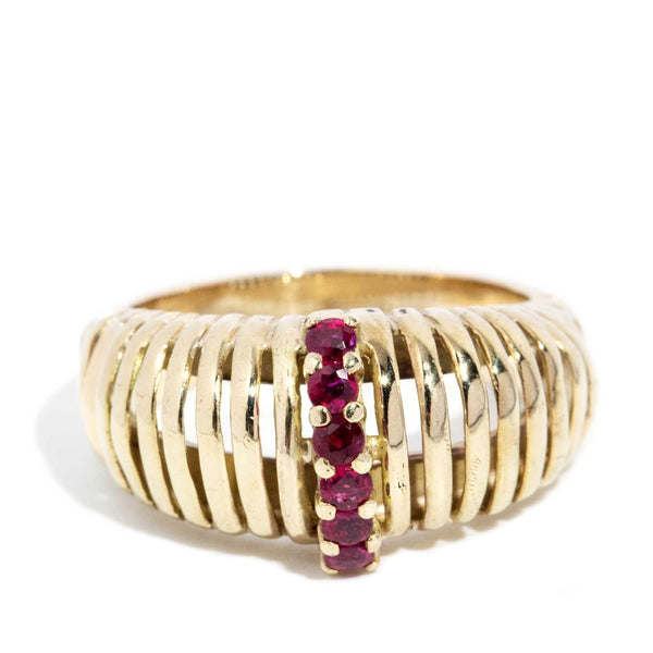 Junia 1970s Ruby Ribbed Dress Ring 9ct Yellow Gold