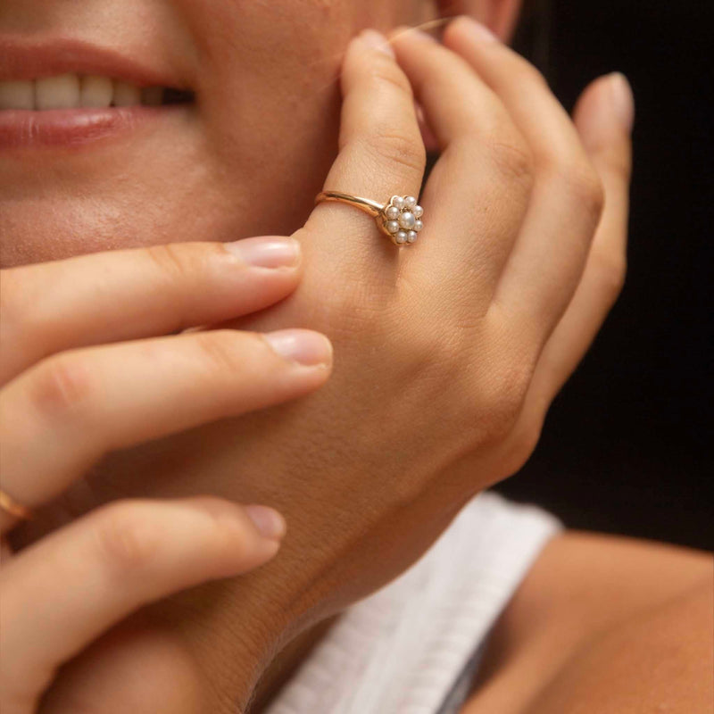 Kamina 1930s Pearl Flower Ring 15ct Gold Rings Imperial Jewellery 