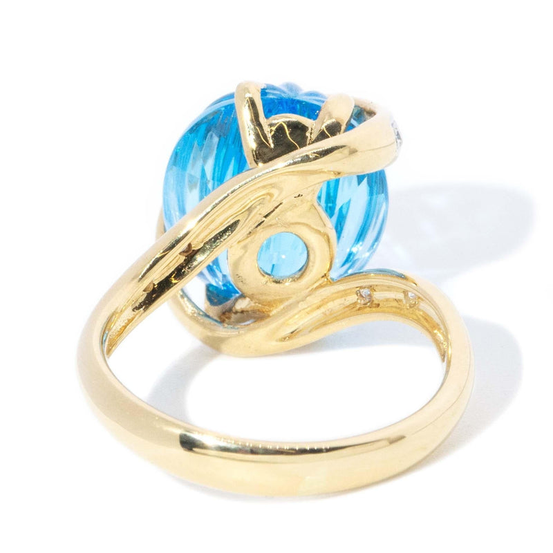 Vintage Circa 1990s Fluted Blue Topaz & Diamond Ring 18ct Gold