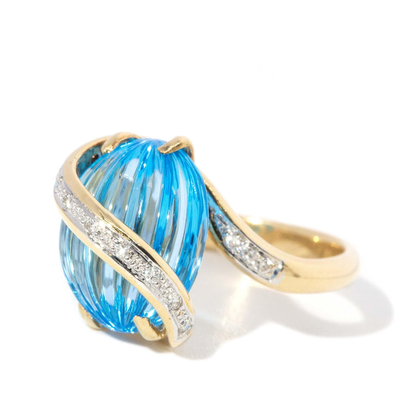 Vintage Circa 1990s Fluted Blue Topaz & Diamond Ring 18ct Gold