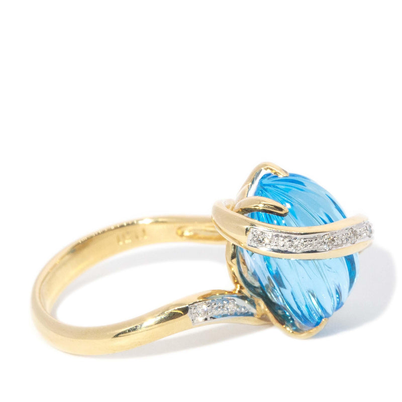 Vintage Circa 1990s Fluted Blue Topaz & Diamond Ring 18ct Gold