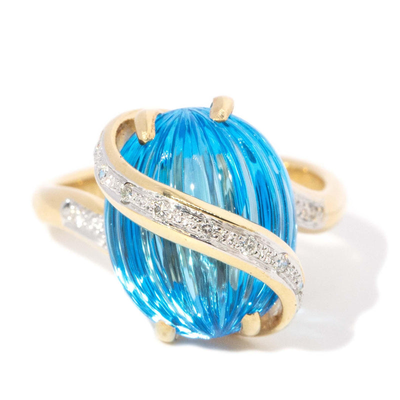 Vintage Circa 1990s Fluted Blue Topaz & Diamond Ring 18ct Gold