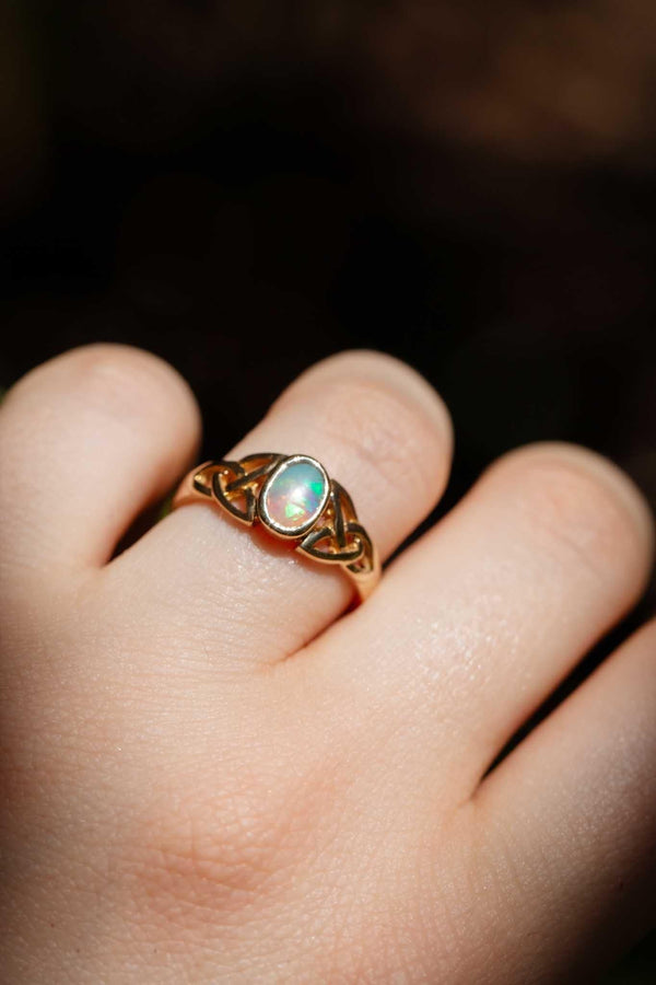 Makari Oval Opal Celtic Patterned Ring 9ct Gold