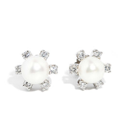 Mattie 1950s Diamond & Pearl Studs 14ct White Gold