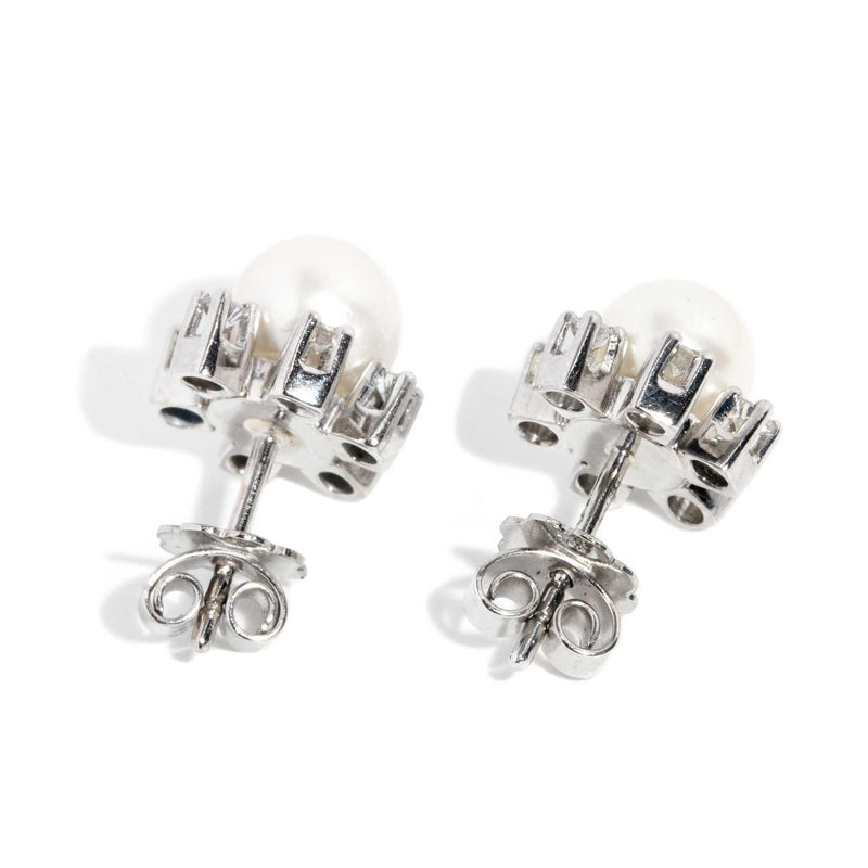 Mattie 1950s Diamond & Pearl Studs 14ct White Gold