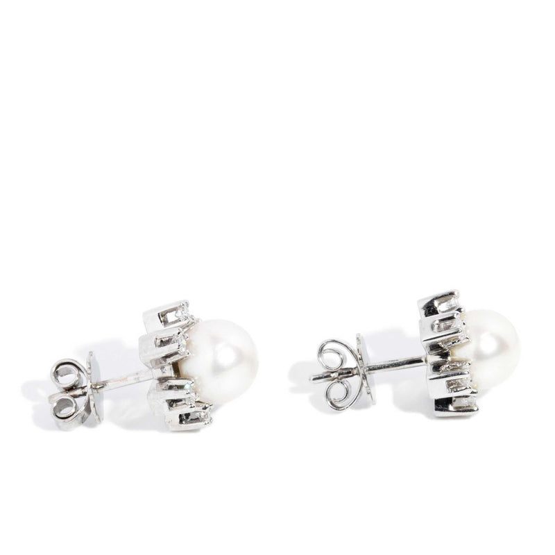 Mattie 1950s Diamond & Pearl Studs 14ct White Gold