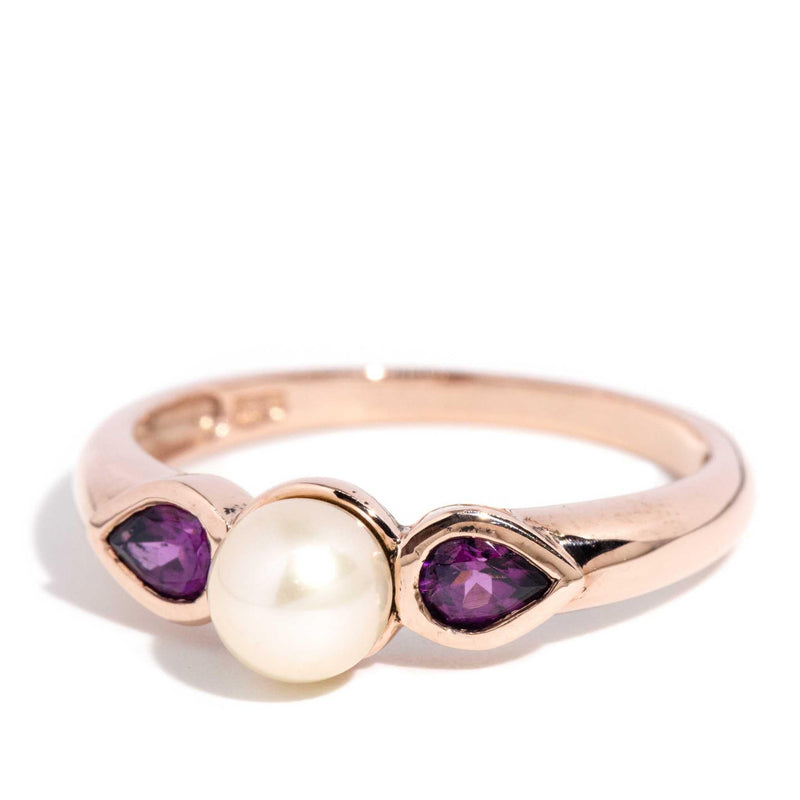 Maya 1990s Pearl & Garnet Ring 9ct Rose Gold