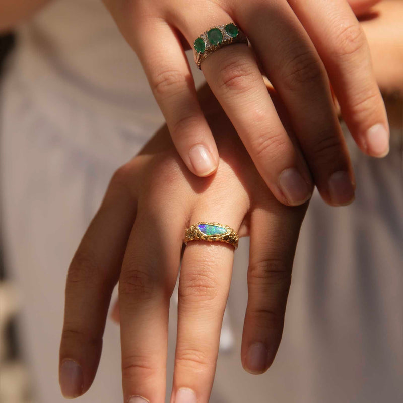 Nadia 1980s Boulder Opal & Diamond Ring 18ct Gold Rings Imperial Jewellery 