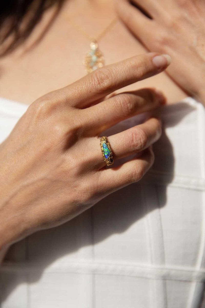 Nadia 1980s Boulder Opal & Diamond Ring 18ct Gold