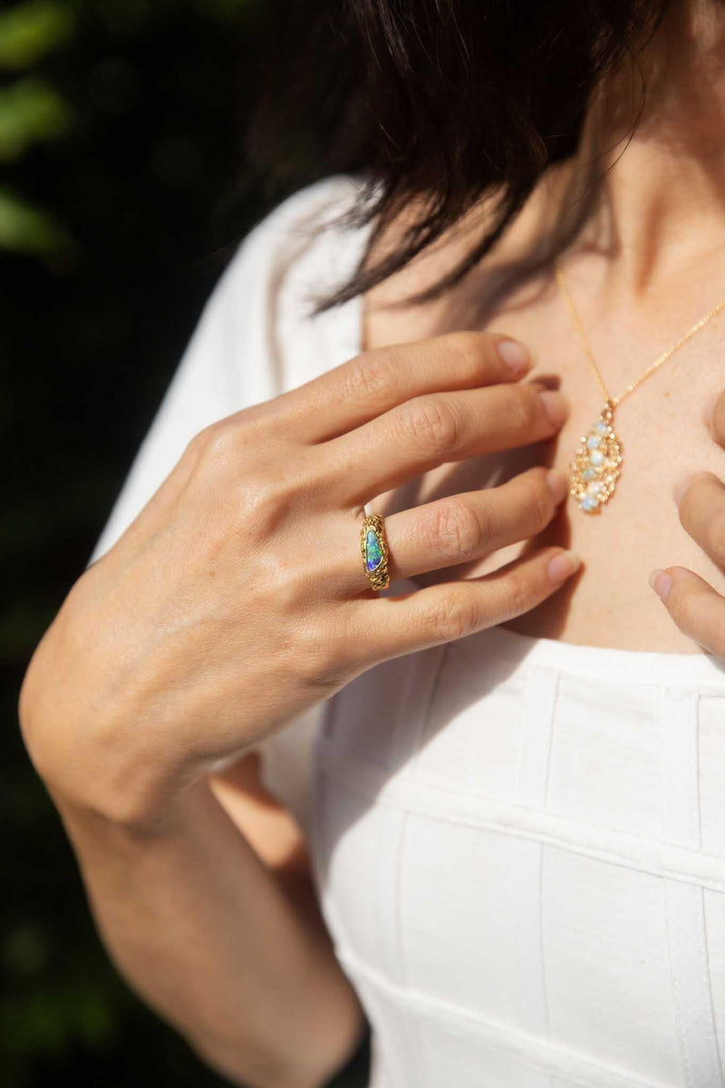 Nadia 1980s Boulder Opal & Diamond Ring 18ct Gold