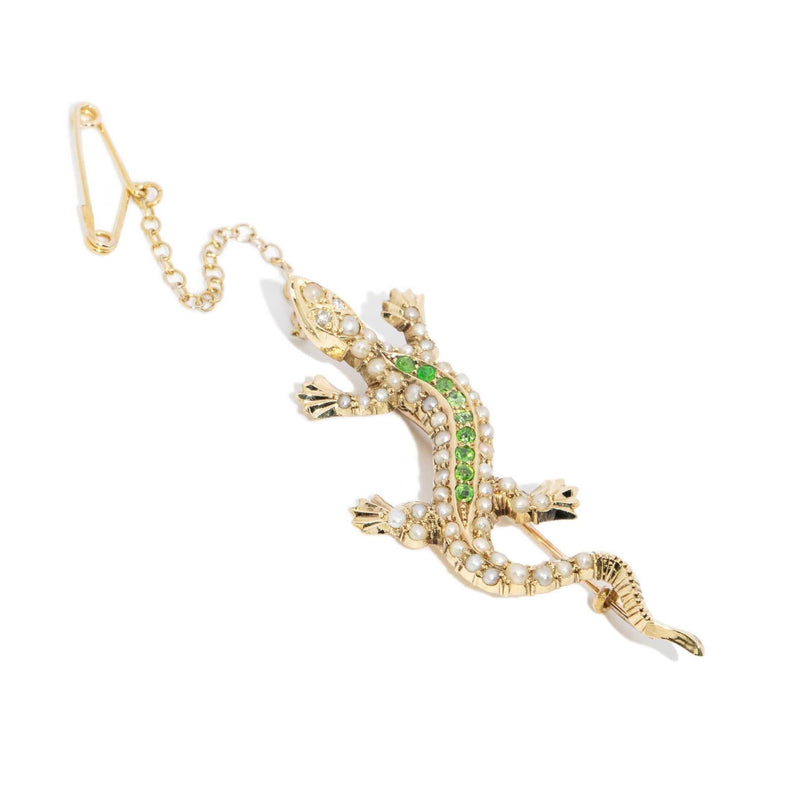 Pomina Antique Demantoid Diamond & Pearl Brooch 15ct Gold