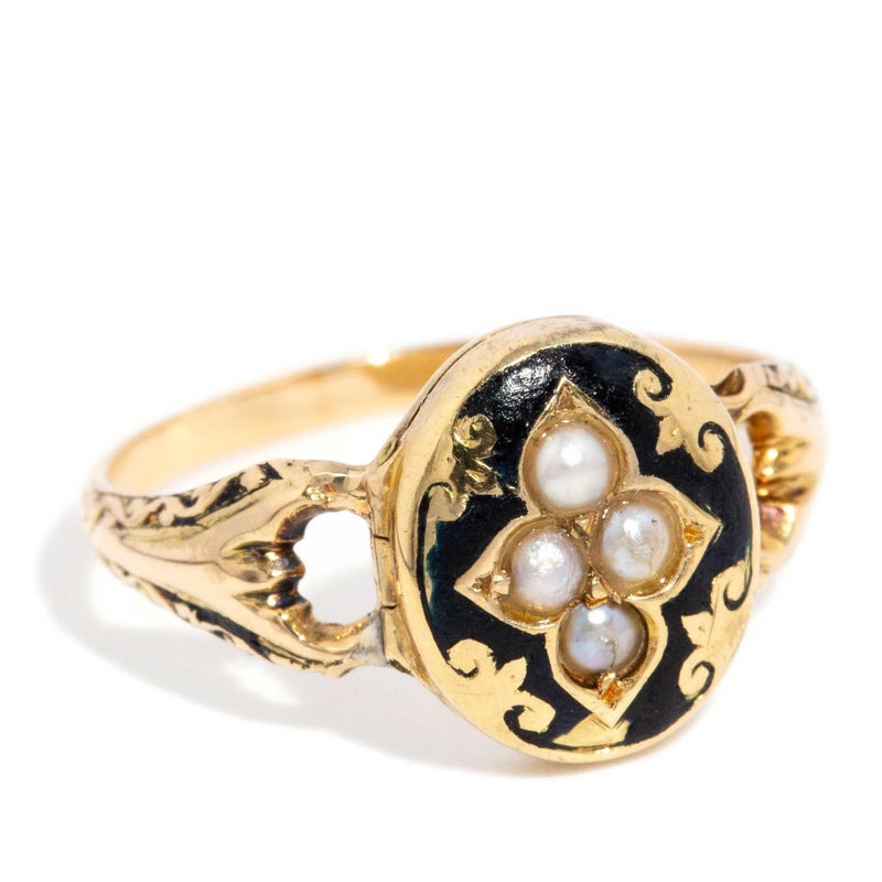 Priscilla Antique Seed Pearl Enameled Ring 16ct Gold