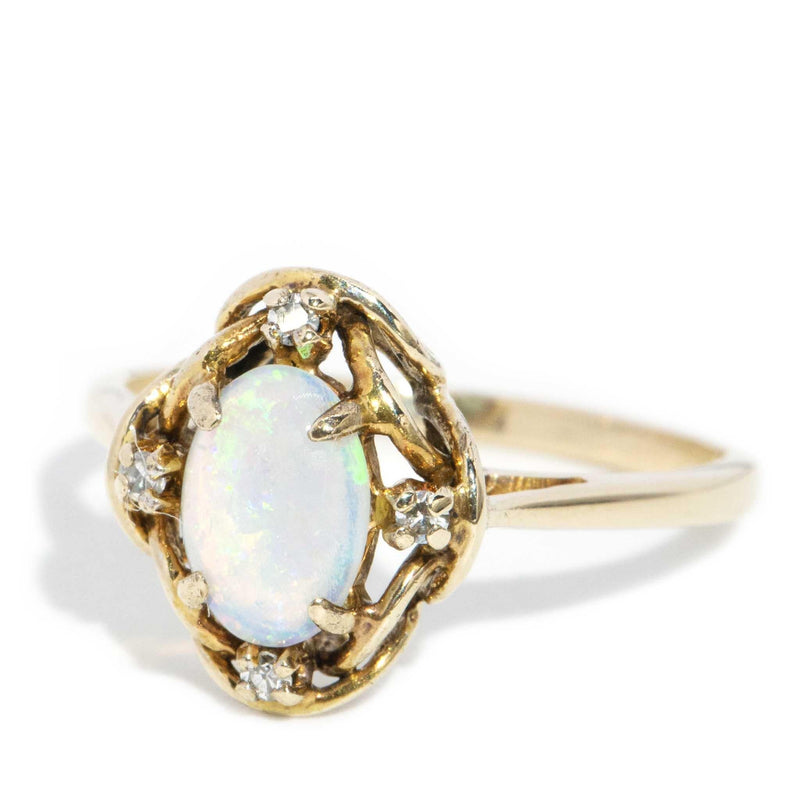 Rogue 1980s Crystal Opal & Diamond Ring 9ct Gold