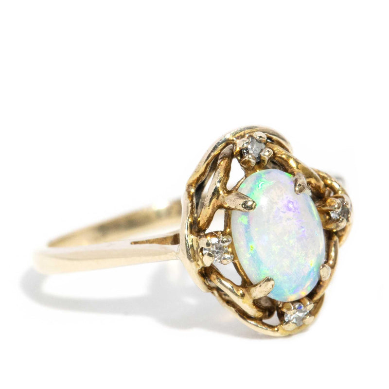 Rogue 1980s Crystal Opal & Diamond Ring 9ct Gold