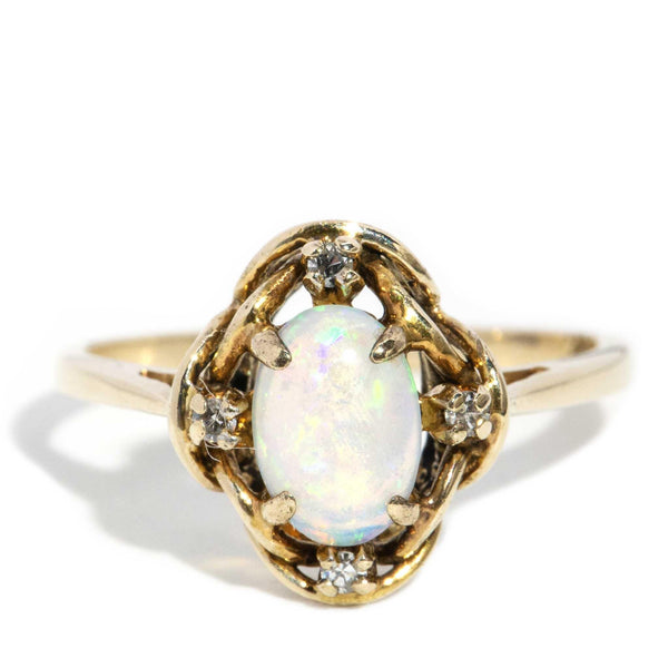 Rogue 1980s Crystal Opal & Diamond Ring 9ct Gold