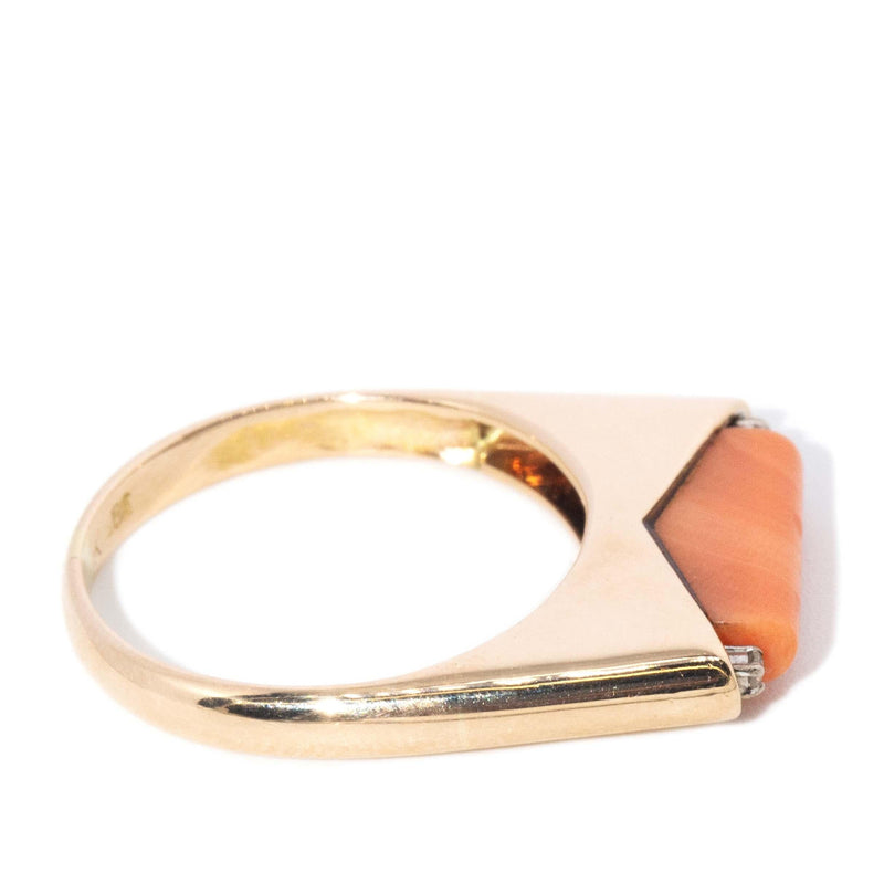 Vintage Circa 1970s Coral & Diamond Ring 14 Carat Yellow Gold