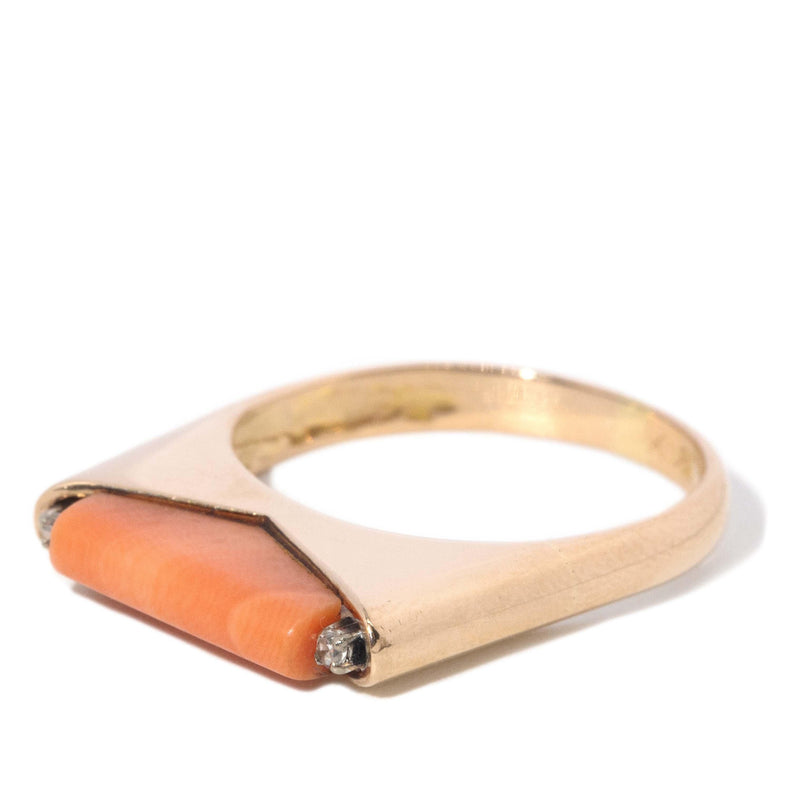 Vintage Circa 1970s Coral & Diamond Ring 14 Carat Yellow Gold