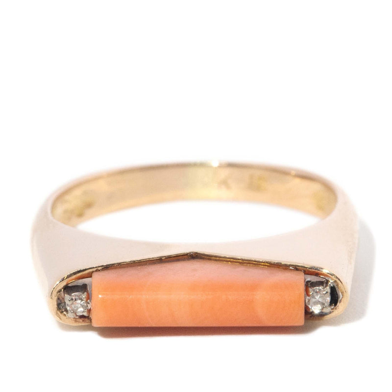 Vintage Circa 1970s Coral & Diamond Ring 14 Carat Yellow Gold