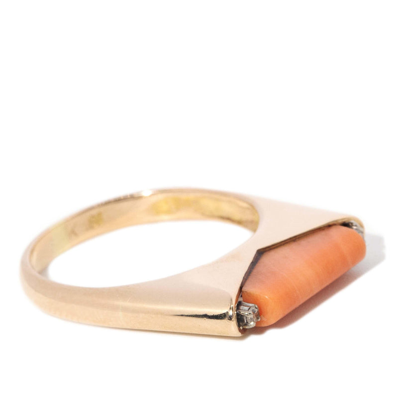 Vintage Circa 1970s Coral & Diamond Ring 14 Carat Yellow Gold