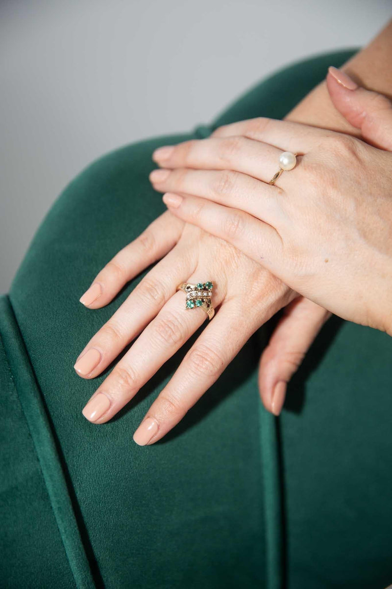 Sarai 1970s Emerald & Seed Pearl Ring 9ct Gold