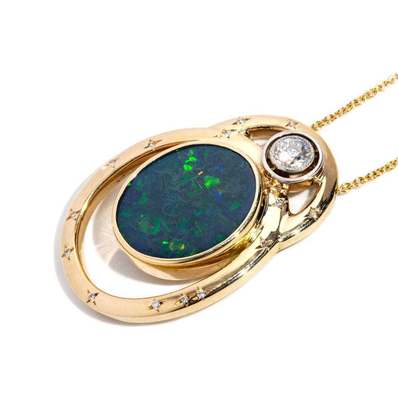 Sonique 1980s Black Opal & Diamond Pendant & Chain 9ct Gold