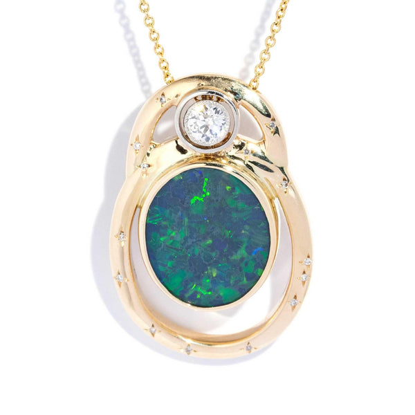 Sonique 1980s Black Opal & Diamond Pendant & Chain 9ct Gold