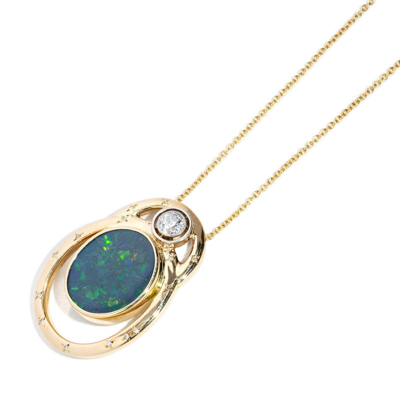 Sonique 1980s Black Opal & Diamond Pendant & Chain 9ct Gold