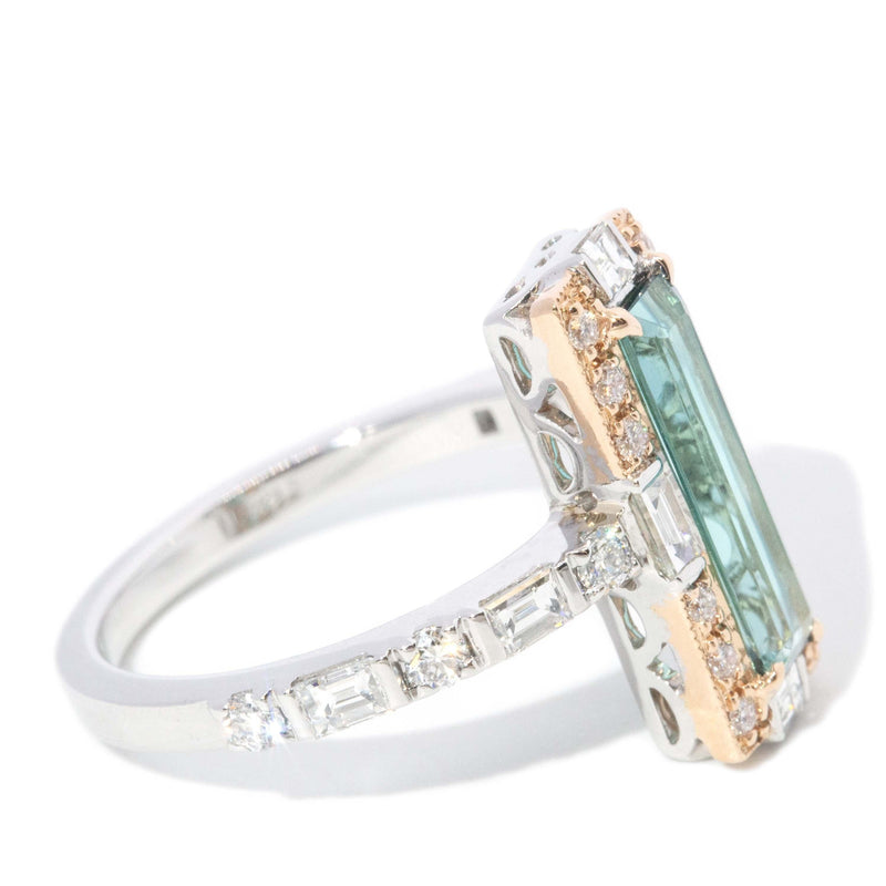 Contemporary 1.04ct Emerald Cut Lagoon Tourmaline & Diamond Ring 18ct Gold