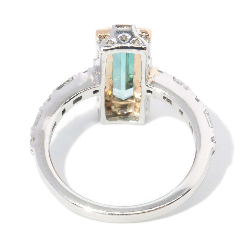 Contemporary 1.04ct Emerald Cut Lagoon Tourmaline & Diamond Ring 18ct Gold