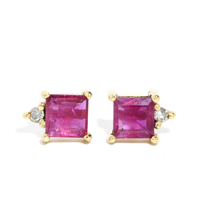 Valdis Square Ruby & Diamond Studs 18 Carat Yellow Gold