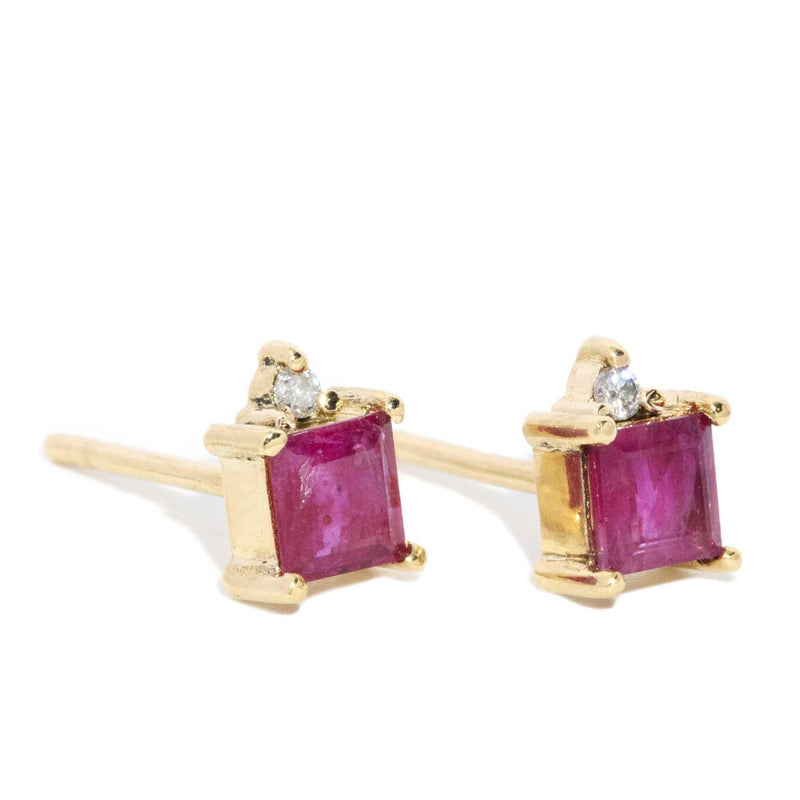 Valdis Square Ruby & Diamond Studs 18 Carat Yellow Gold