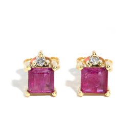 Valdis Square Ruby & Diamond Studs 18 Carat Yellow Gold