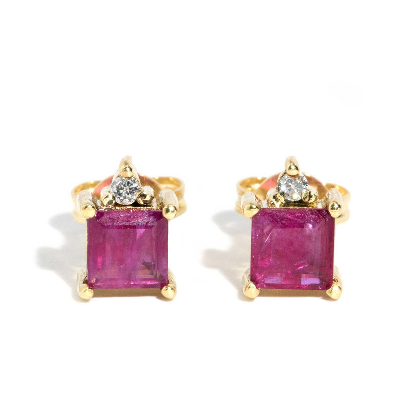 Valdis Square Ruby & Diamond Studs 18 Carat Yellow Gold